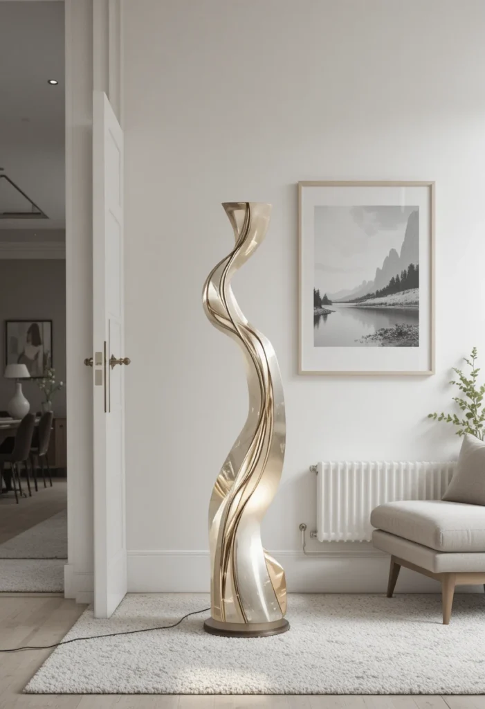 Sculptural floor lamp serving as artistic focal point in living room