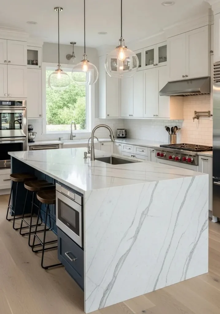 Dark blue island in modern kitchen.