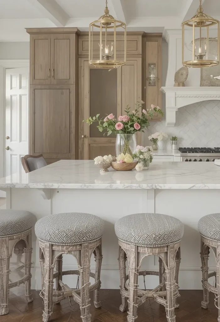 Textured and patterned kitchen island stools adding visual depth and personality to the space.