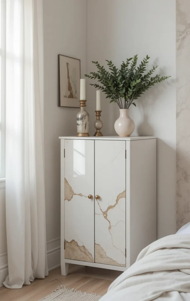 Small corner cabinet in bedroom for storage and style.