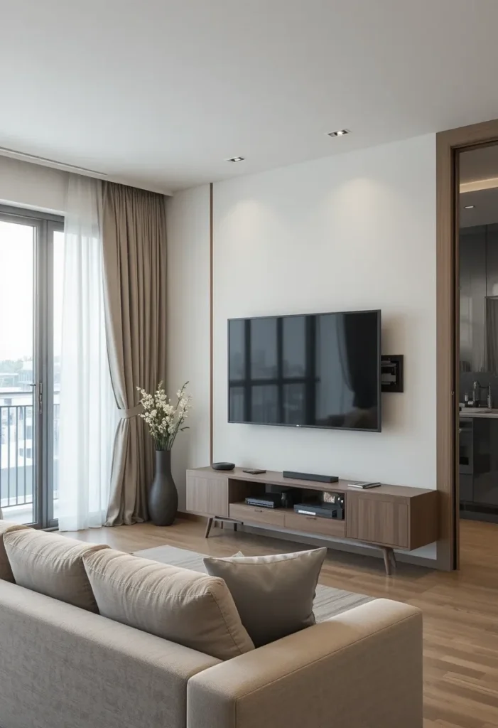 “TV mounted on a swivel bracket for flexible viewing in a living room.