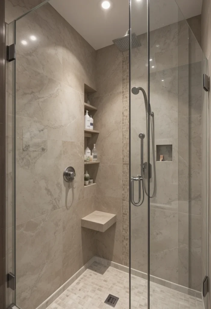 Recessed shower niches in a small bathroom walk-in shower for clutter-free storage.