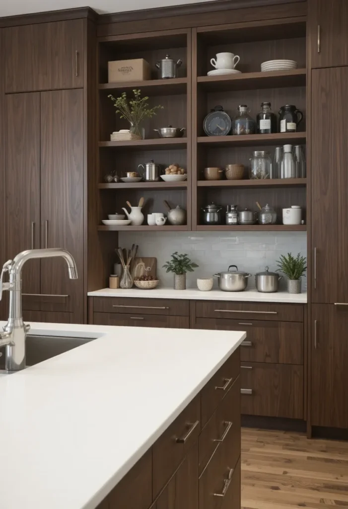 Kitchen island with integrated storage for utensils and cookware.