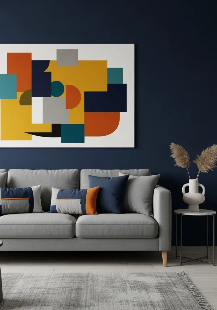 Grey couch with bold statement wall backdrop.