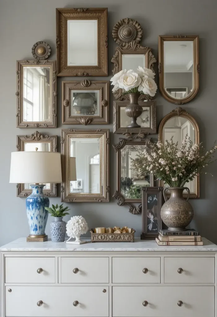 Layered mirrors adding depth and dimension to a bedroom interior