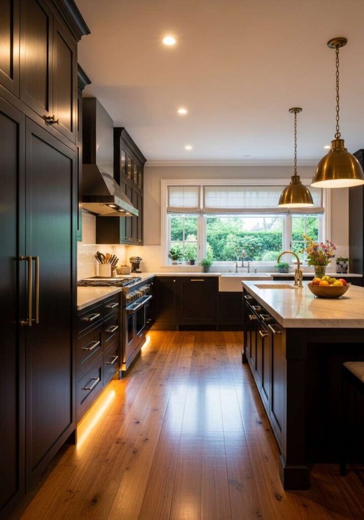 Dark brown cabinets with brass hardware creating a rich, elegant kitchen.