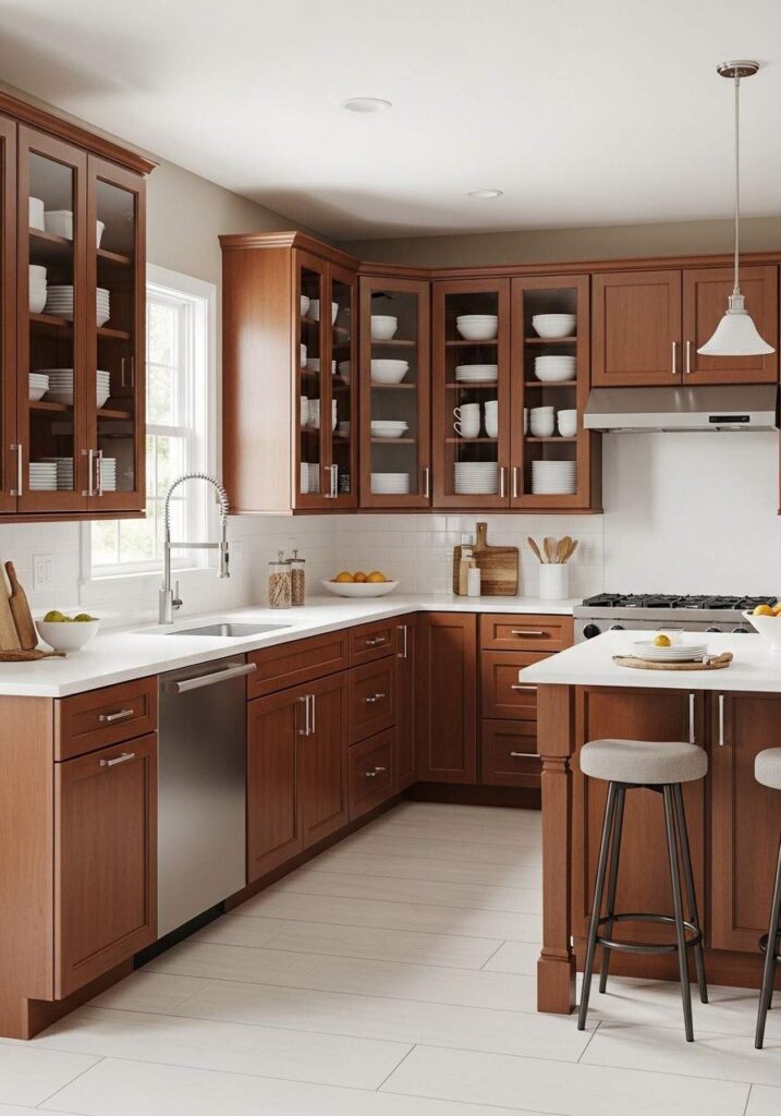 Glass-front upper cabinets lighten brown cabinetry and add visual interest