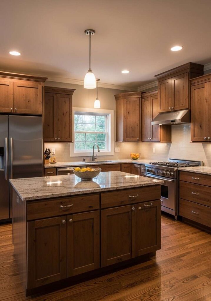 Brown cabinetry complemented by warm gray walls for a balanced kitchen