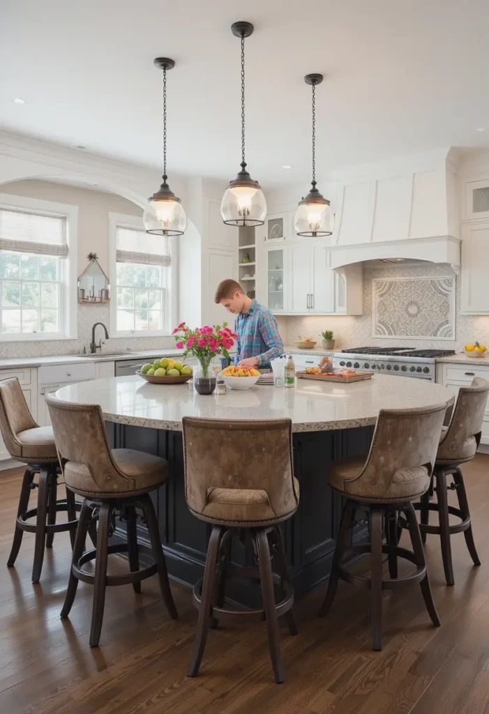 Swivel stools at a kitchen island allowing easy rotation for social interaction during meals and cooking.