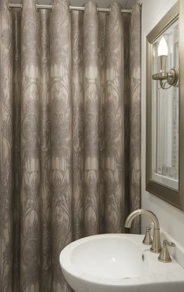 Bathroom curtain coordinated with fixtures and hardware for cohesive style.