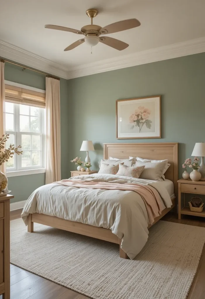 Bedroom featuring muted green walls with soft orange accents and light wood furniture