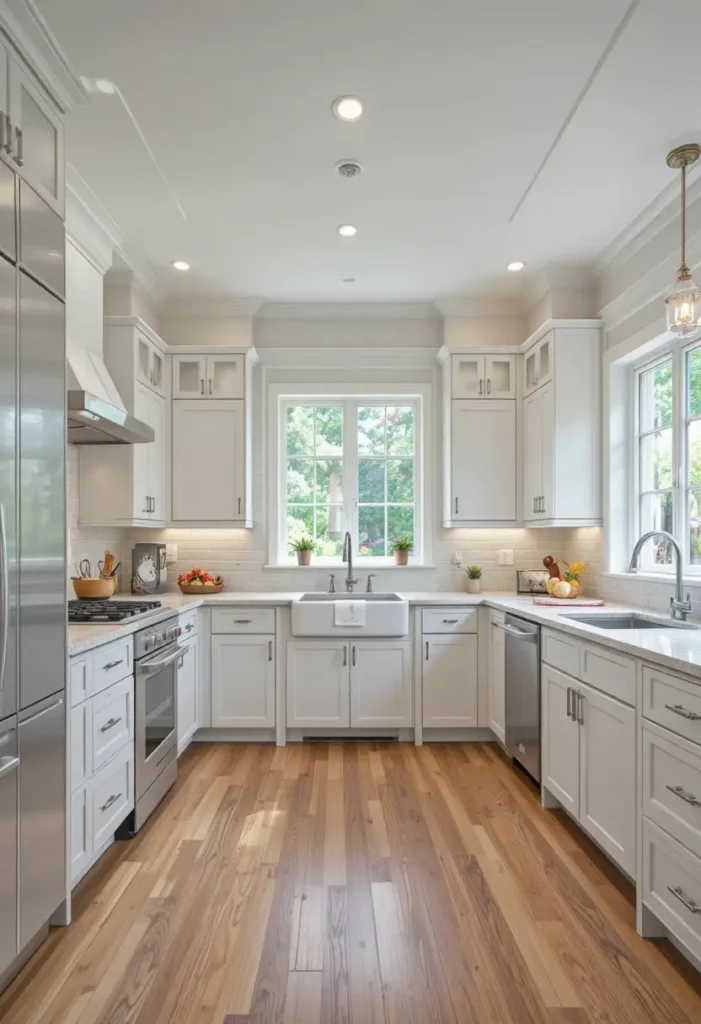 Easy-to-clean flooring in a U-shaped kitchen with island.