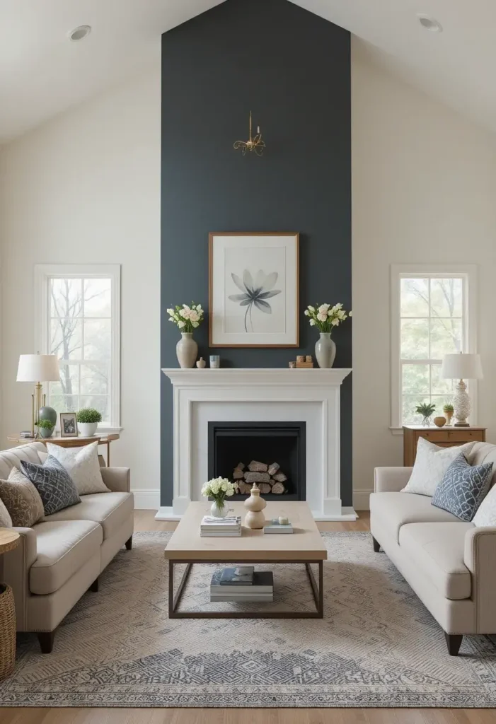 Living room with painted accent wall highlighting fireplace