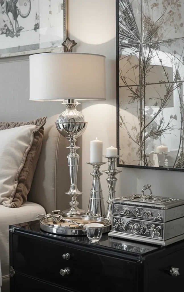 Black and silver bedroom accessories adding sparkle and elegance
