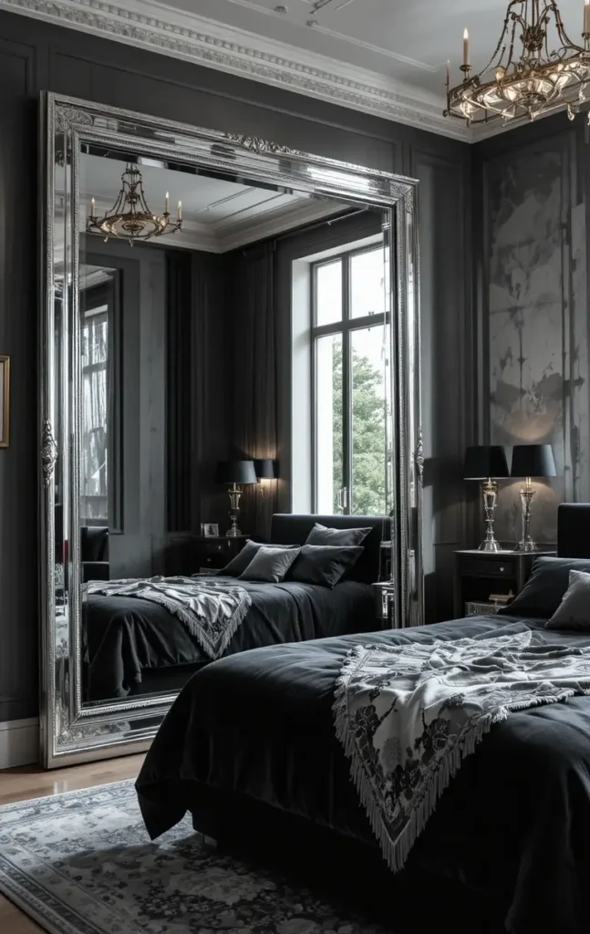 Silver mirror in black and silver bedroom adding brightness