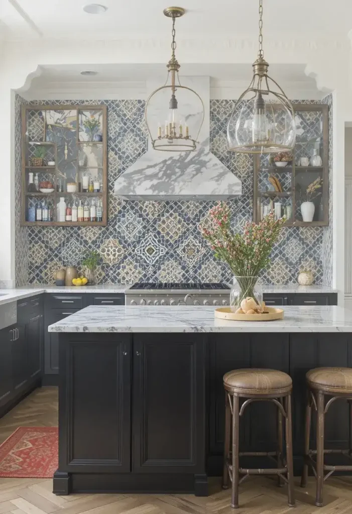 Statement backsplash in an L-shaped kitchen with island.