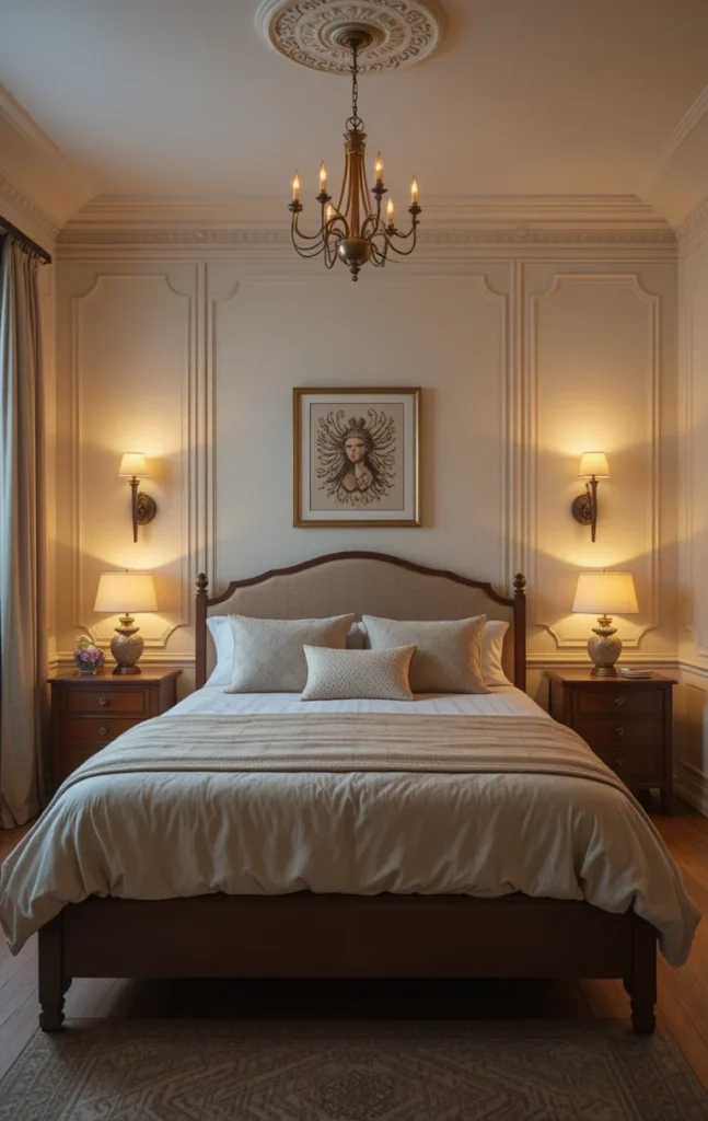 Beach bedroom featuring soft warm lighting from lamps and overhead fixtures.