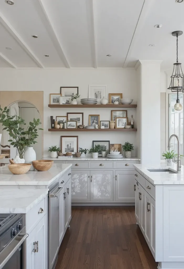 Personal décor connecting living room and kitchen in open layout