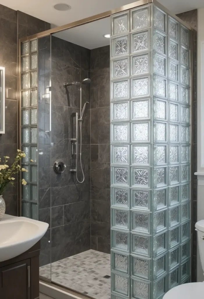 Glass blocks or frosted panels in a small walk-in shower for light and privacy.