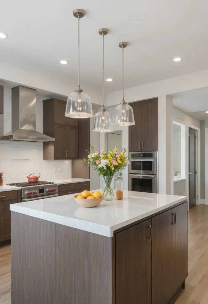 Kitchen island with pendant lights, minimal décor like fruit bowl and vase, balanced design, modern cabinets and open layout visible.