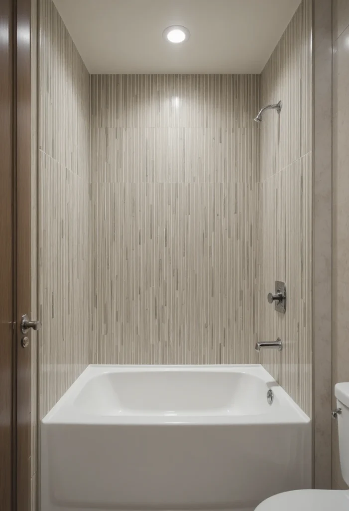 Vertical tile design around tub to make small bathroom feel taller