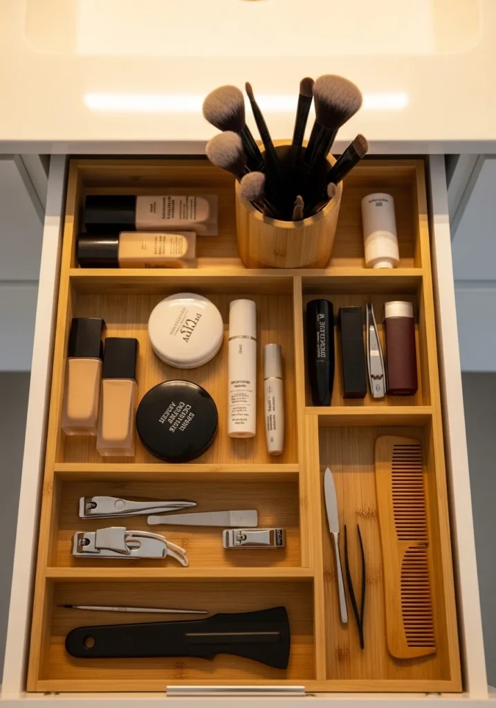 Bathroom drawer with bamboo dividers organizing makeup and tools