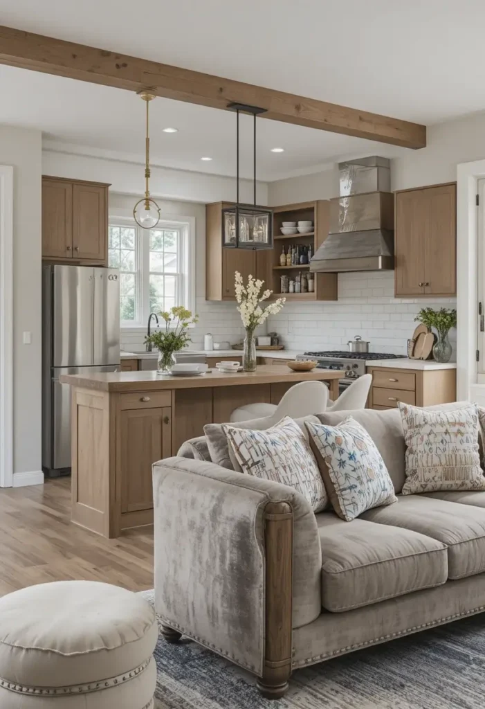 Blended furniture styles in open living room and kitchen