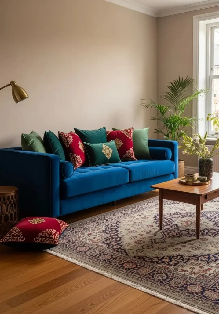 Blue couch with jewel-toned décor.