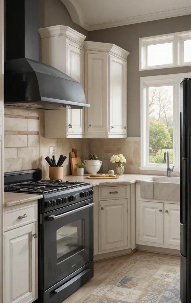 Black appliances complemented by soft neutral wall color.