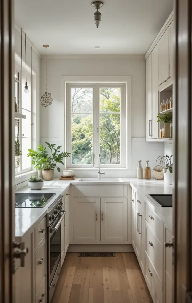 Minimal decor and organized accessories in a galley kitchen