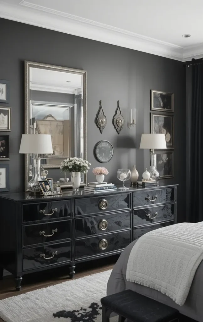 Black and silver furniture pieces in modern bedroom