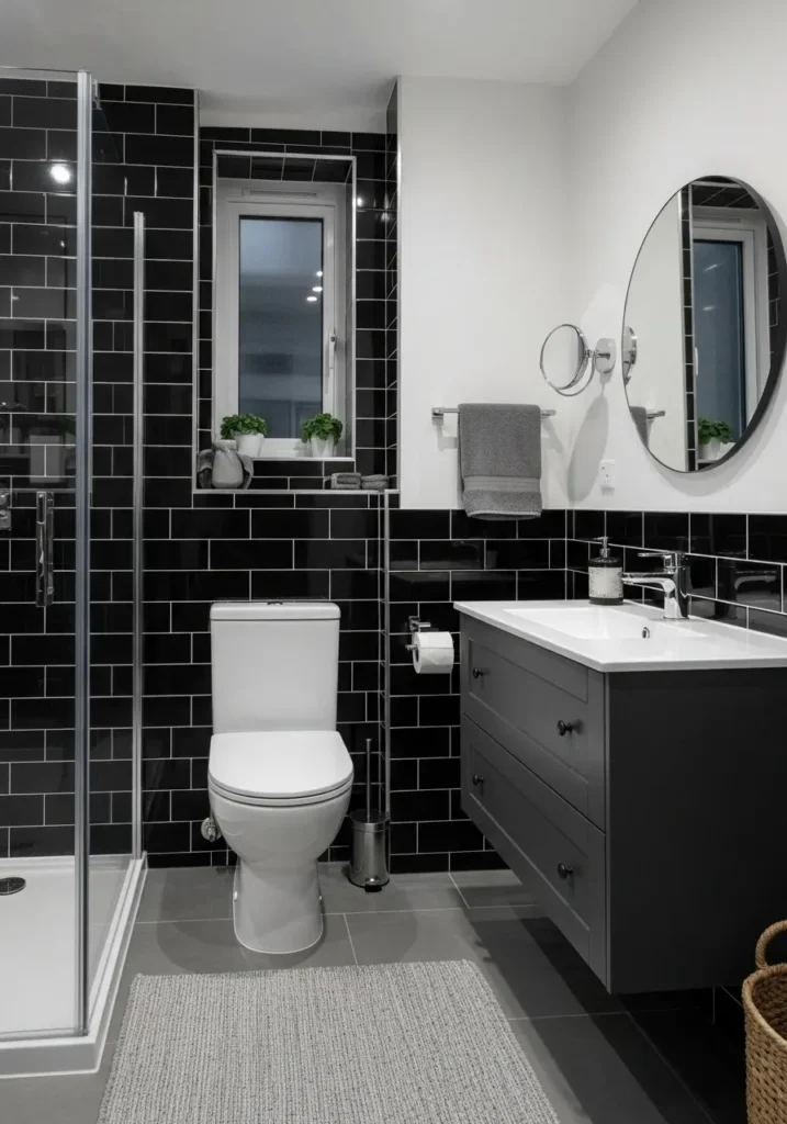 Black subway tiles with light grout