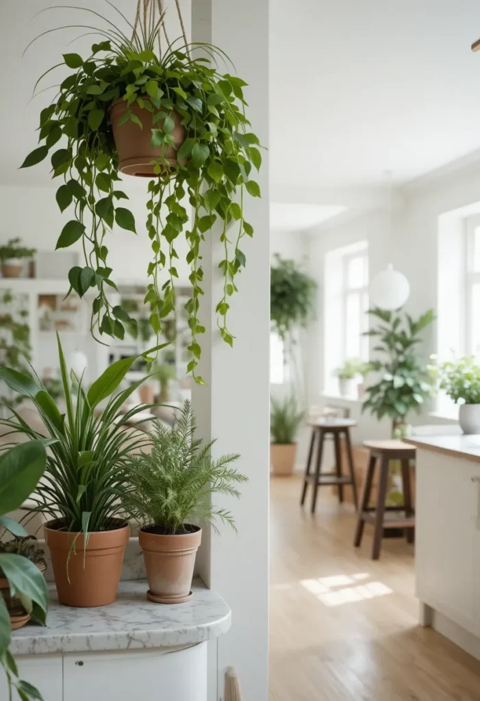 Greenery adding freshness to open living room and kitchen