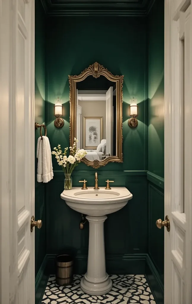 Small powder room with dark green walls and warm lighting.
