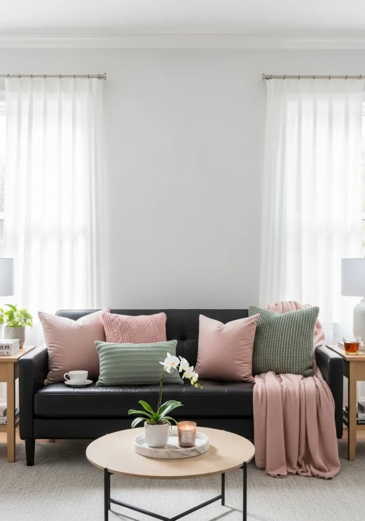 Black couch living room softened with pastel accents.