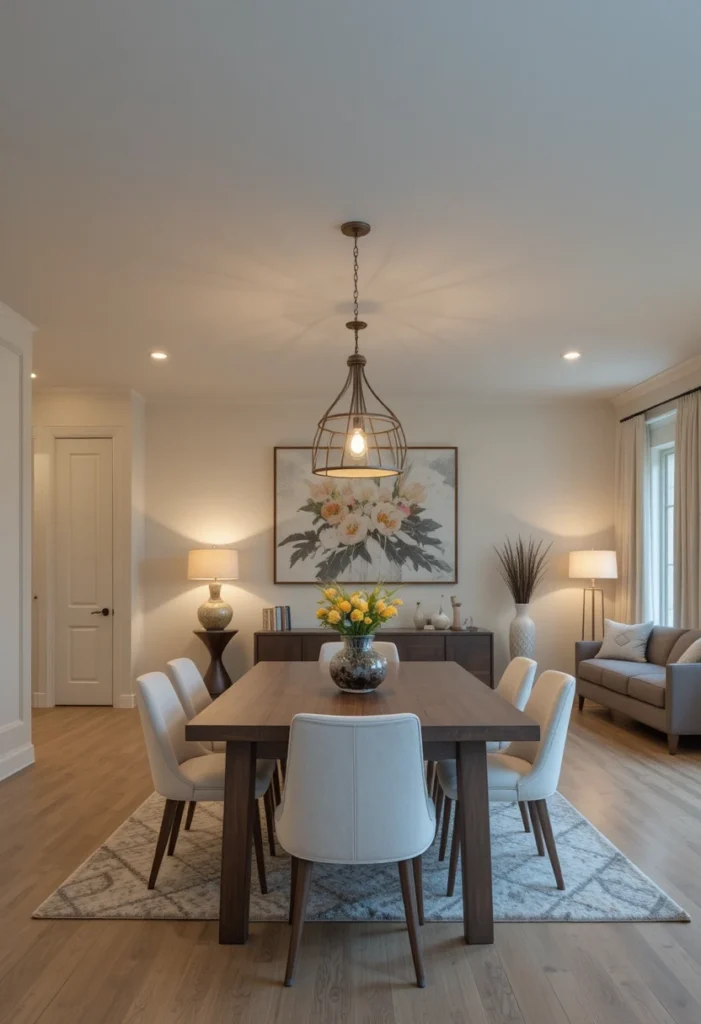 “Layered lighting in living and dining area with pendant and floor lamps