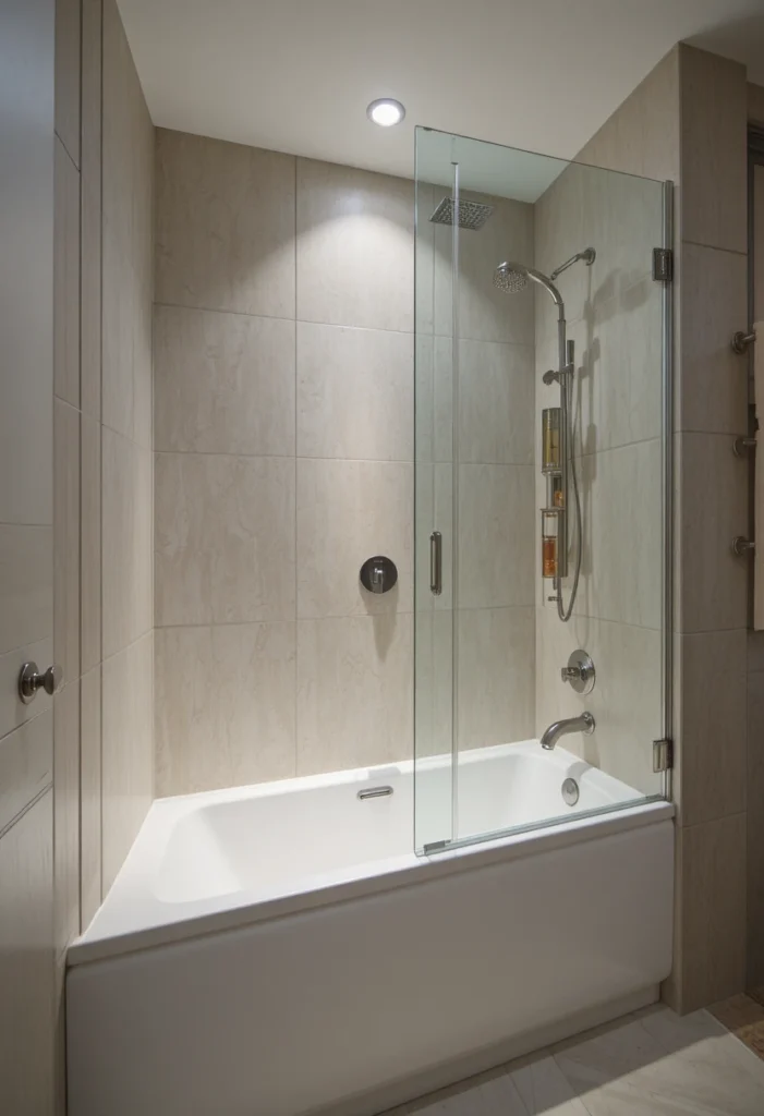 Small bathroom tub with frameless glass panel for open look