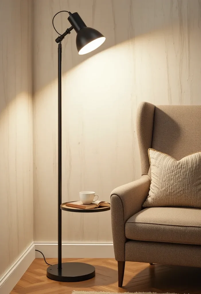 Adjustable floor lamp placed beside armchair for reading