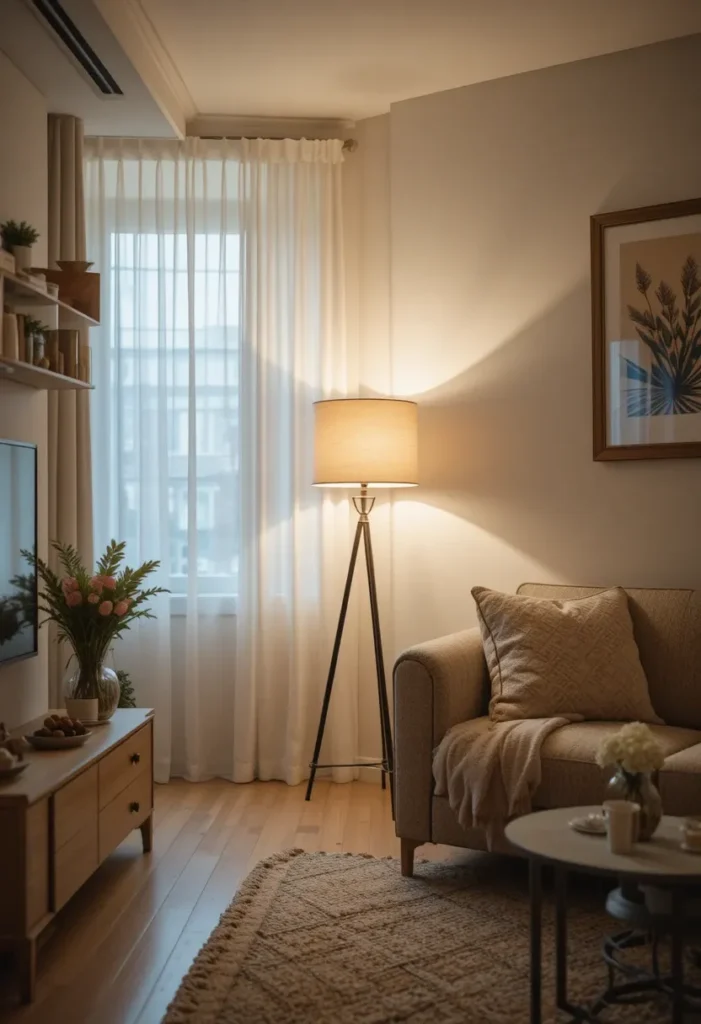 “Apartment living room with multiple light sources creating a warm and inviting ambiance.