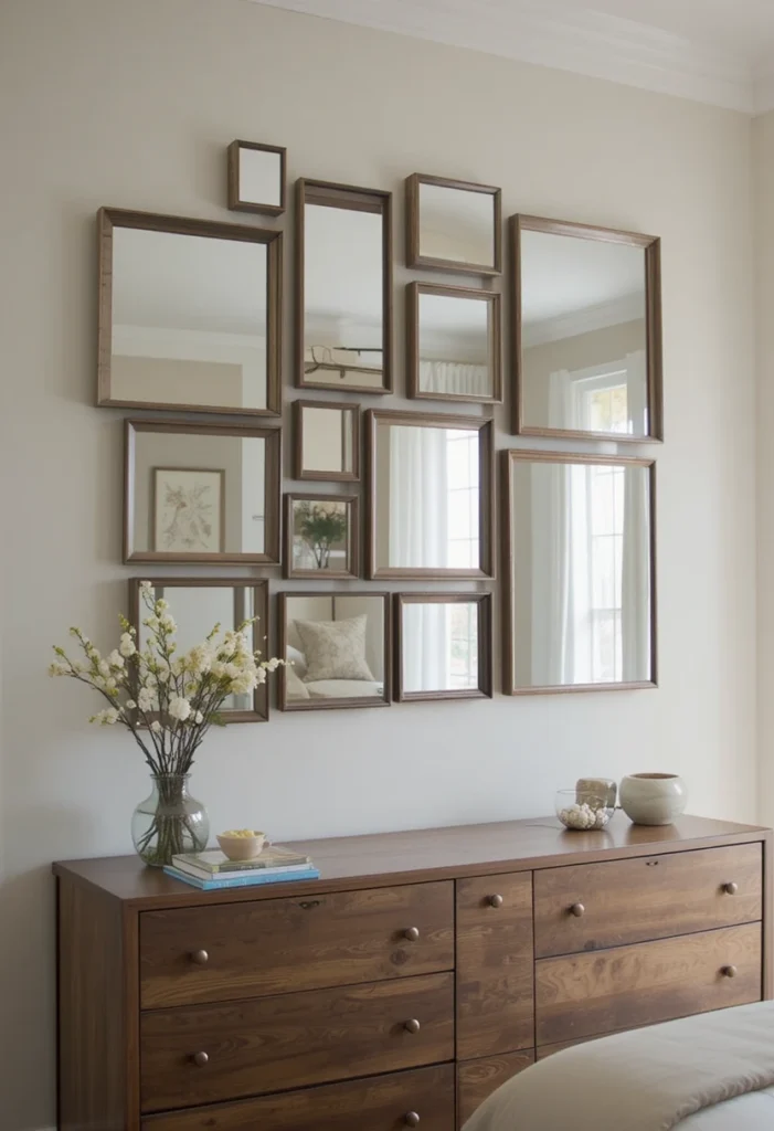 Decorative mirror grid in a bedroom adding geometric style and reflected light