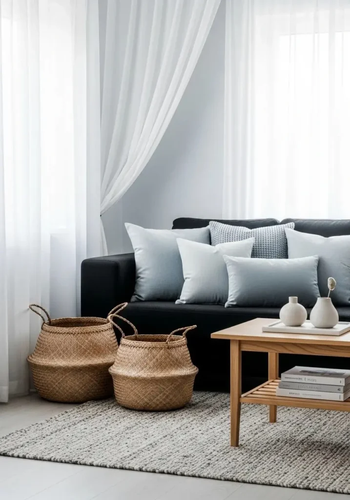 Coastal inspired living room with black couch and blue accents.