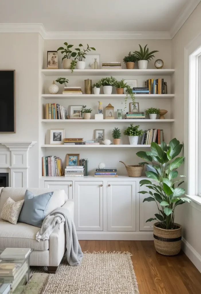 Farmhouse living room with open shelves and decor