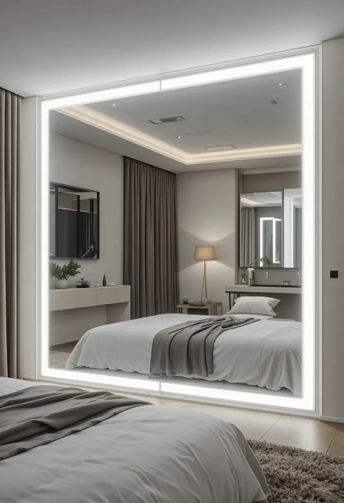LED backlit mirror adding depth and brightness to a bedroom