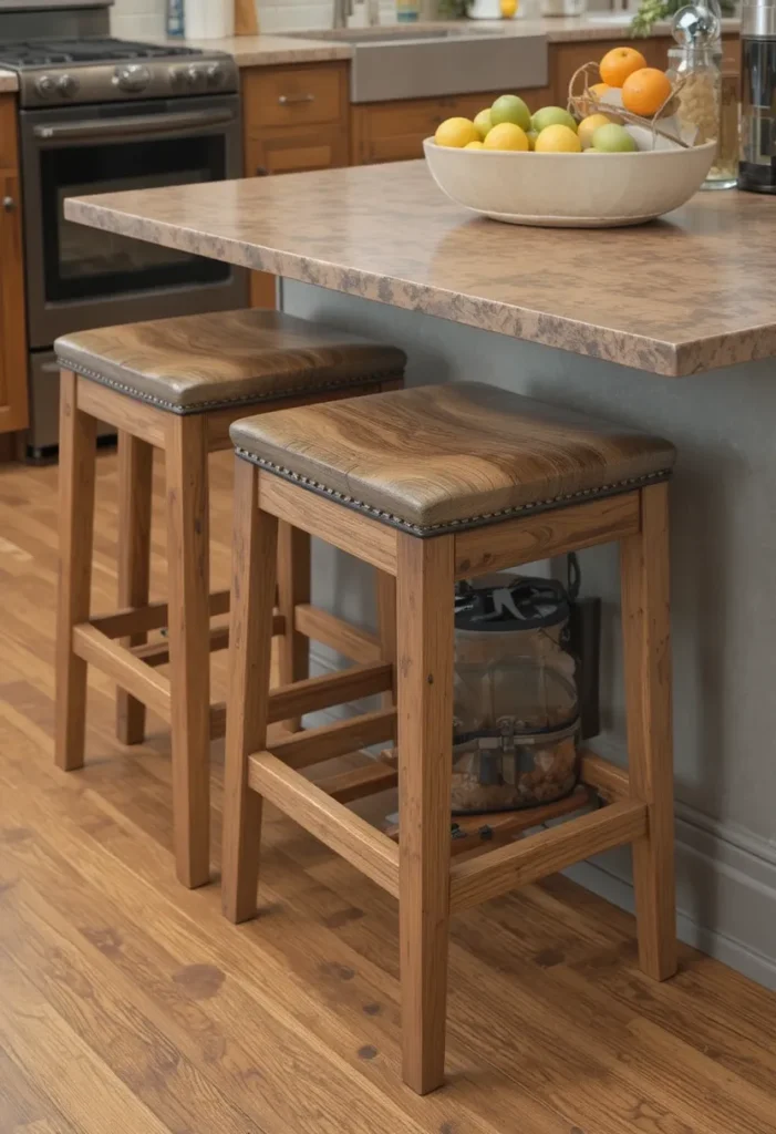 Kitchen island stools with built-in storage compartments keeping essentials organized.