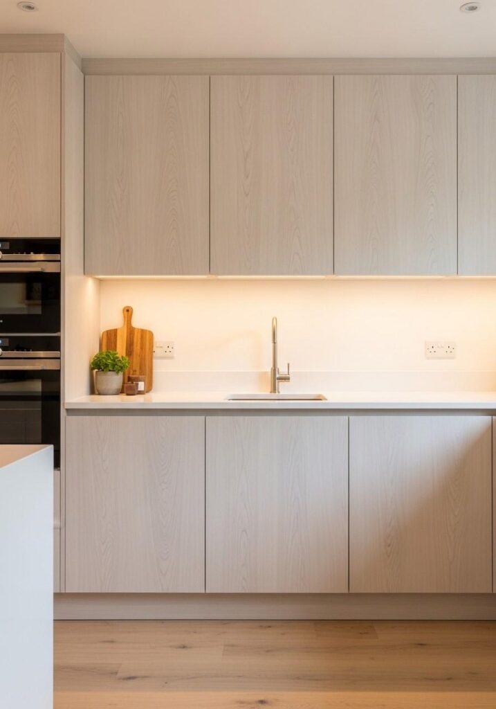 Full-height white oak kitchen cabinets.