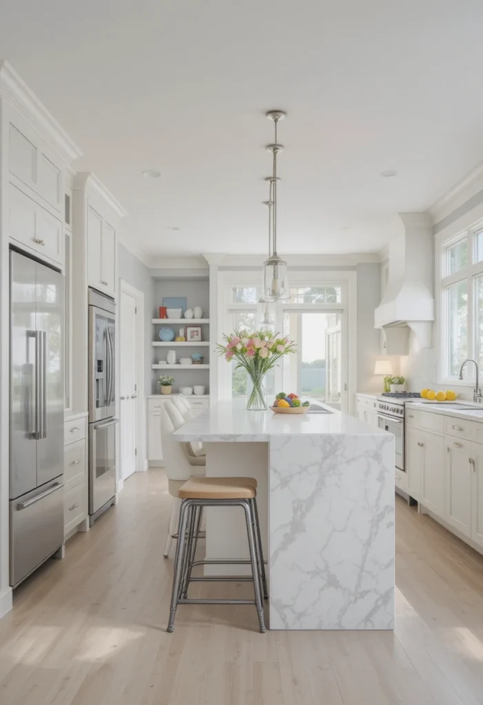 Backless stools tucked under a narrow kitchen island to improve traffic flow and save space.