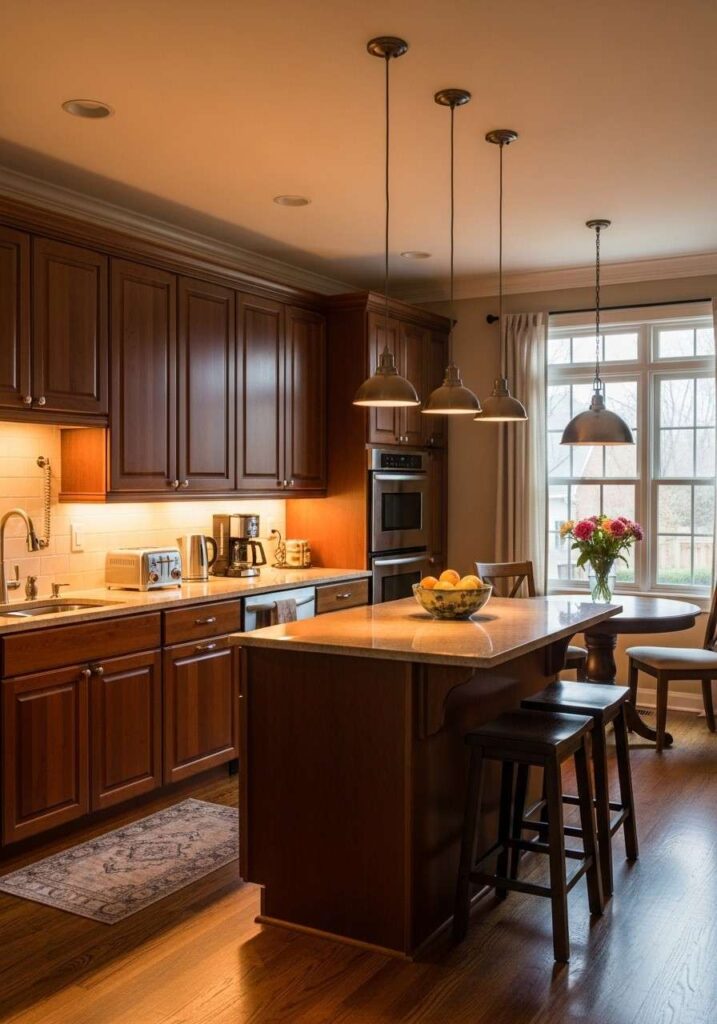 Layered warm lighting highlighting brown kitchen cabinets for a cozy ambiance