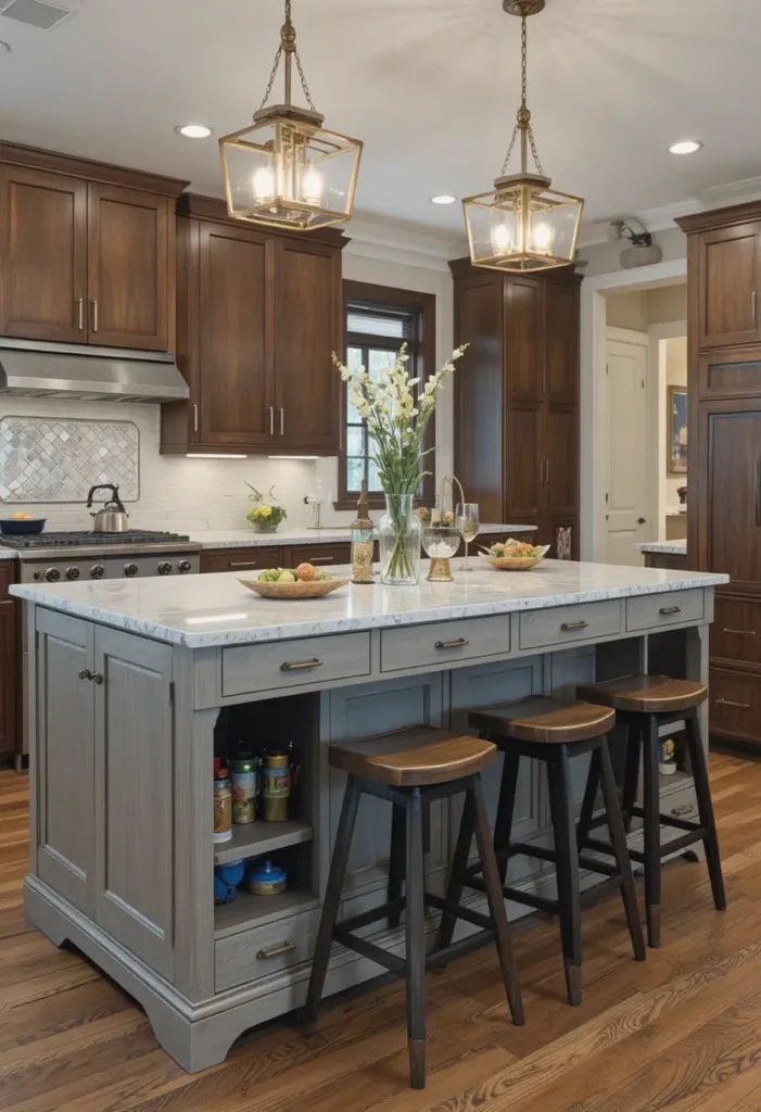 Kitchen island with built-in storage under seating to reduce clutter and improve organization.