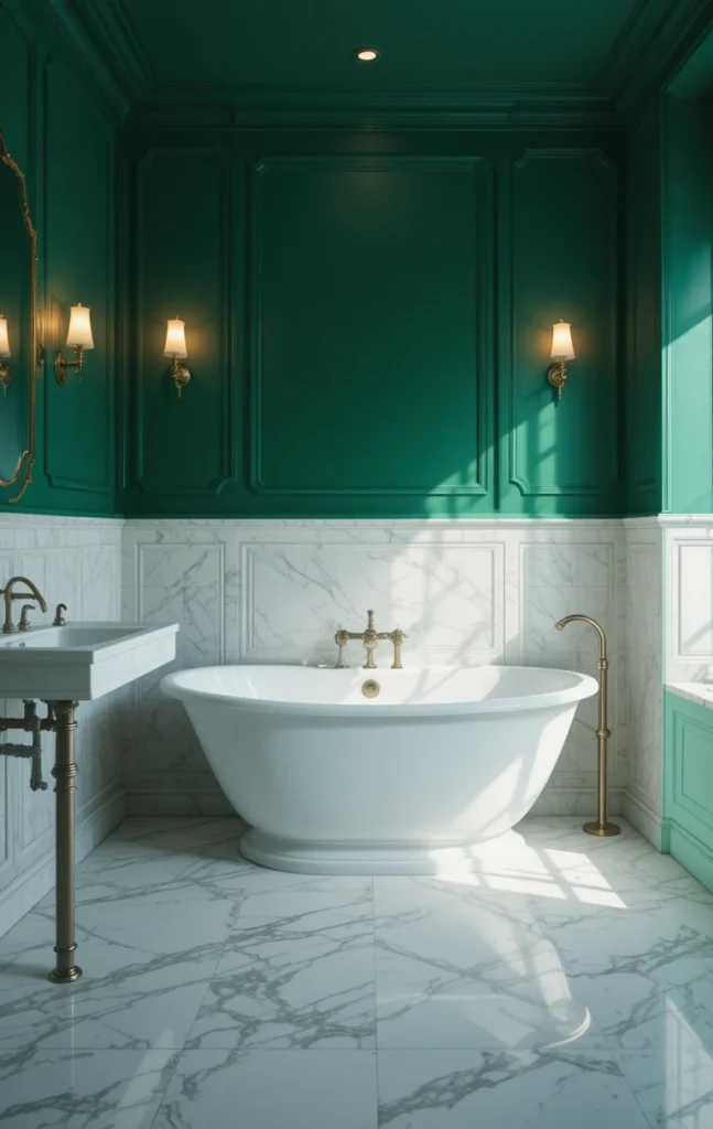 Bathroom with full dark green walls balanced by white tub and marble finishes.