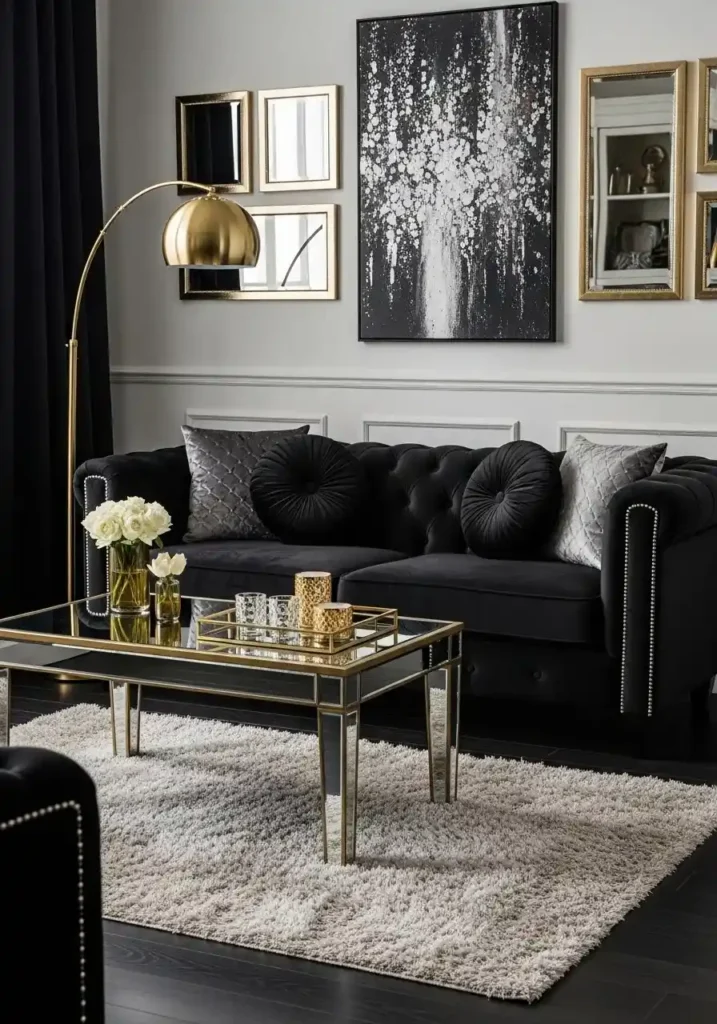 Glam black couch living room with gold metallic accents.